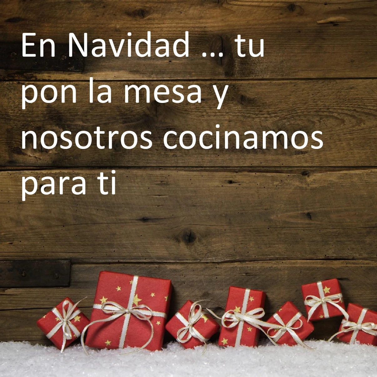 Portada del menú de Navidad 2026 de La Seu Catering: regalos sobre una mesa de madera y el texto “En Navidad, tú pon la mesa y nosotros cocinamos para ti”.