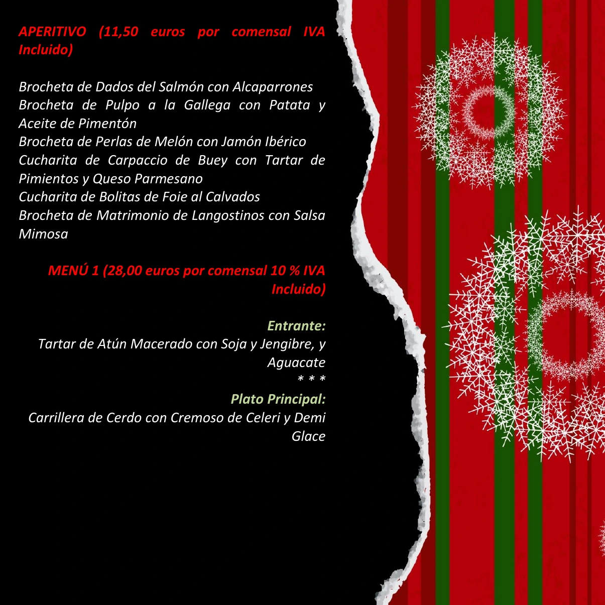 Página 2 del menú de Navidad 2026: aperitivo y menú 1 con sus platos y precios por comensal.
