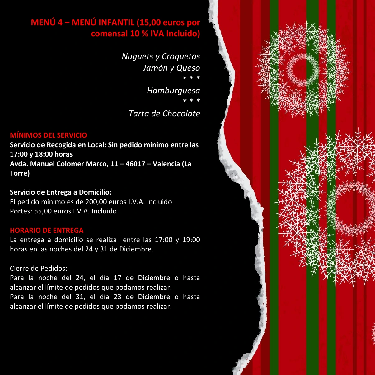 Página 4 del menú de Navidad 2026: menú infantil, condiciones de recogida y entrega, horarios y fechas límite para realizar pedidos.